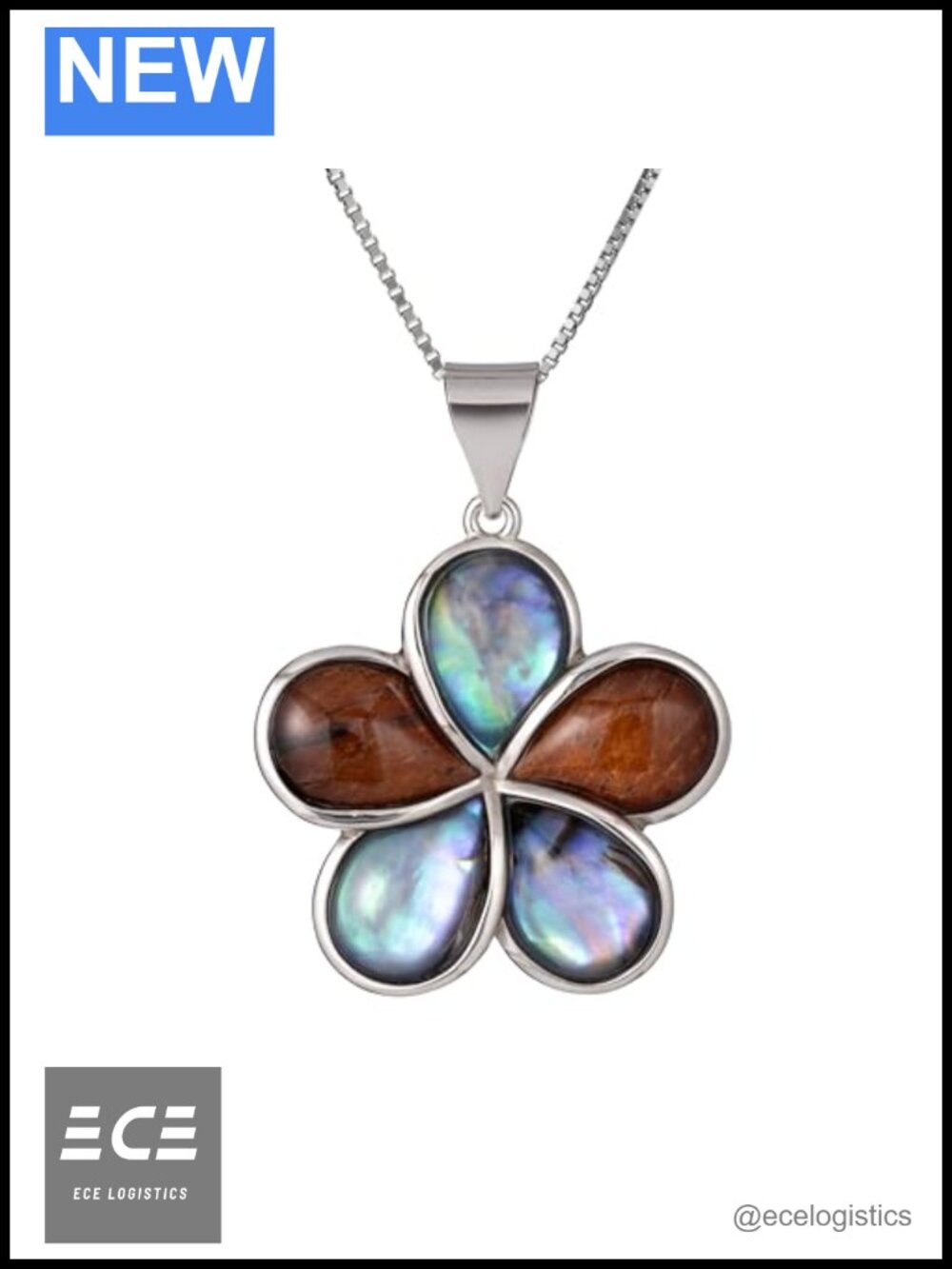 Sterling Silver Koa Wood Abalone Shell Plumeria Pendant Necklace 18 Inch